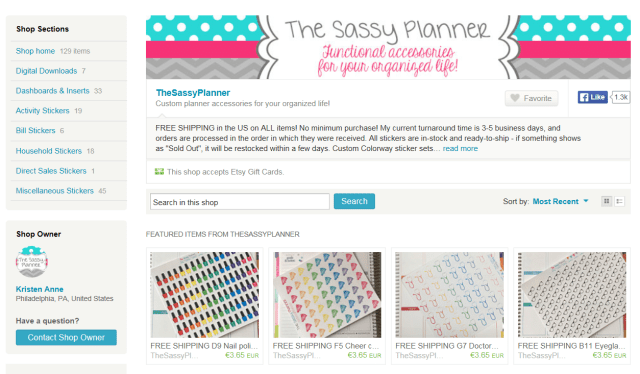 Screen shot of the Sassy Planner's Etsy store